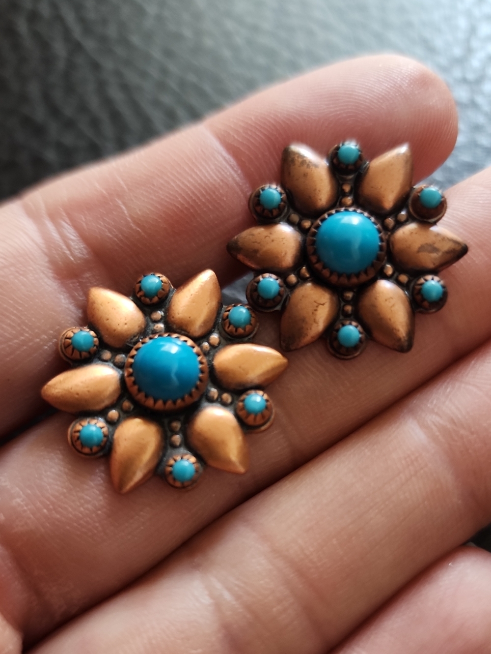 VTG Turquoise Flower Copper-Accent Clip Earrings